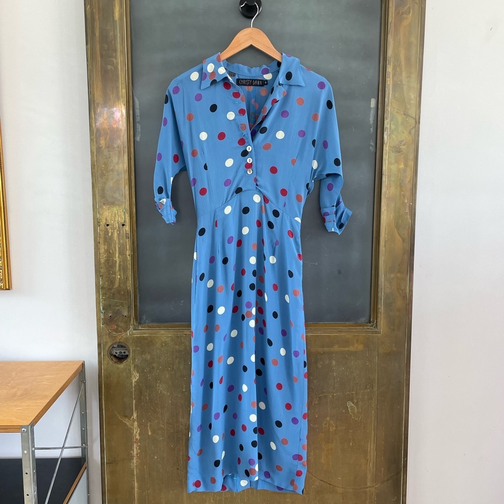 Christy Dawn Blue Polka Dot Midi Dress Button Front Silk XS